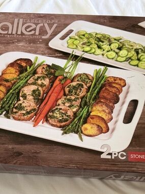 2 Pc Tabletops Gallery Stoneware Serving Trays  With Handle White NEW